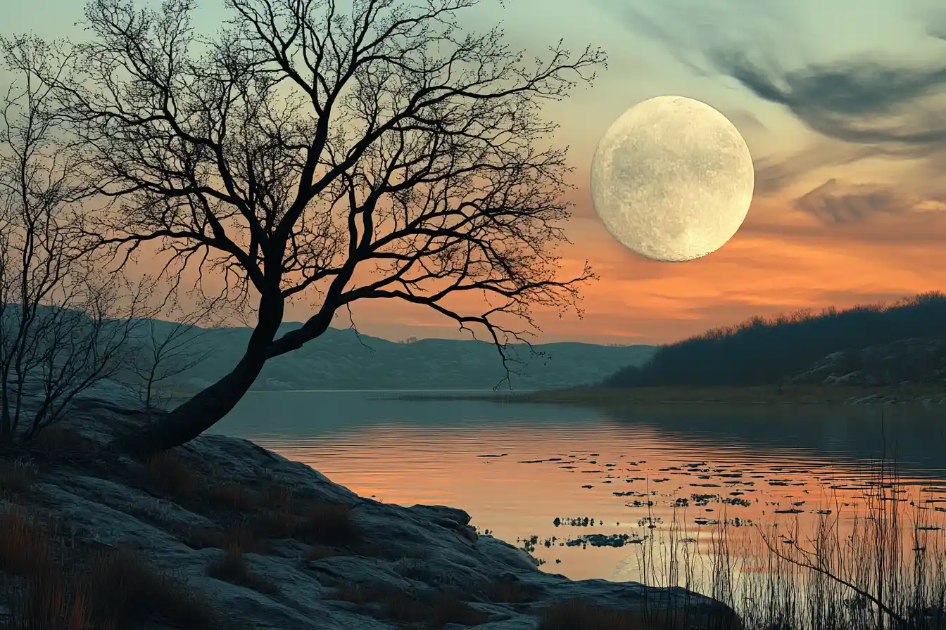 Leafless Tree Overlooking Lake Under A Giant Full Moon