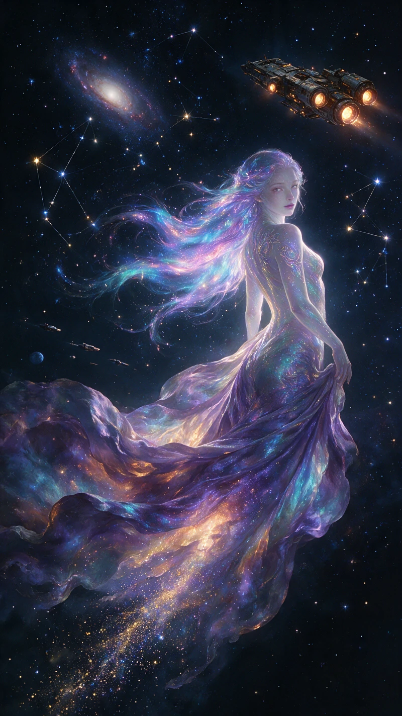 Sirena spettrale d’aurora che nuota in un cielo pieno di stelle