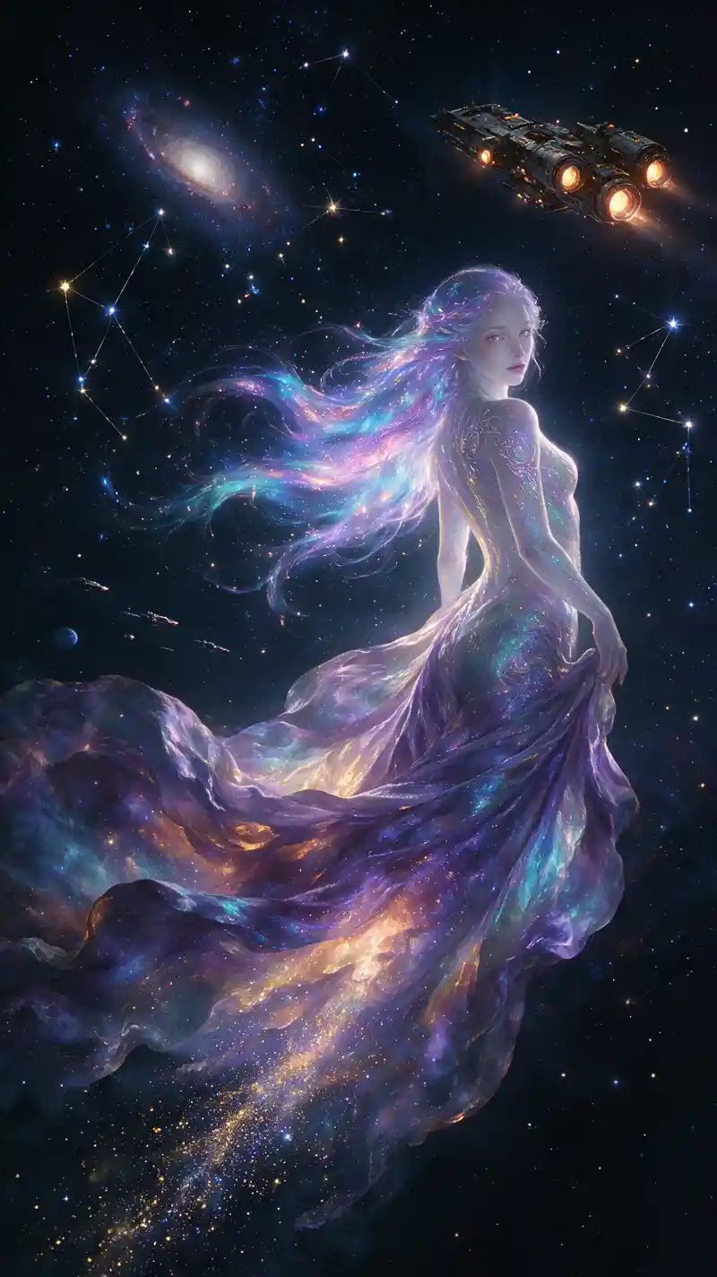 Spectral aurora mermaid swimming through a star filled sky