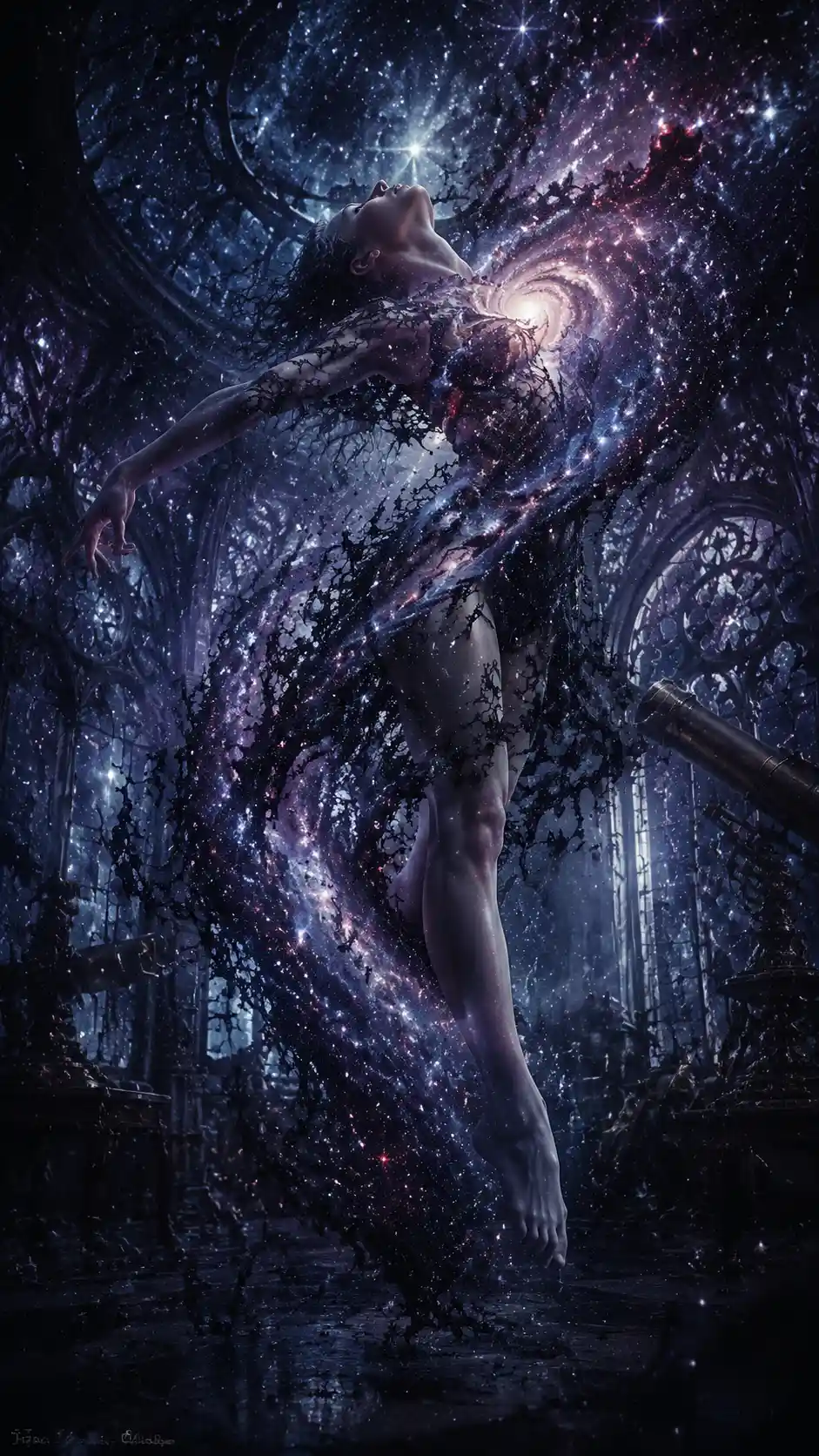 Surreal dancer in ruined gothic observatory with spiral galaxy