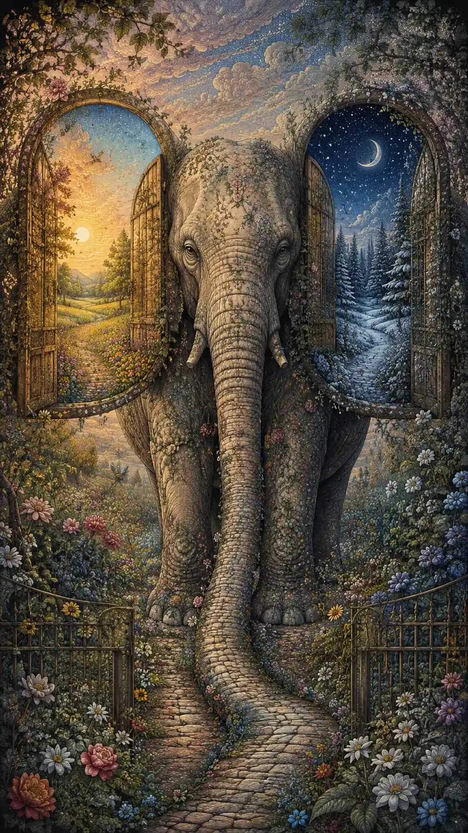 Surreal Elephant Gateway Beside A Vast Fantasy Garden