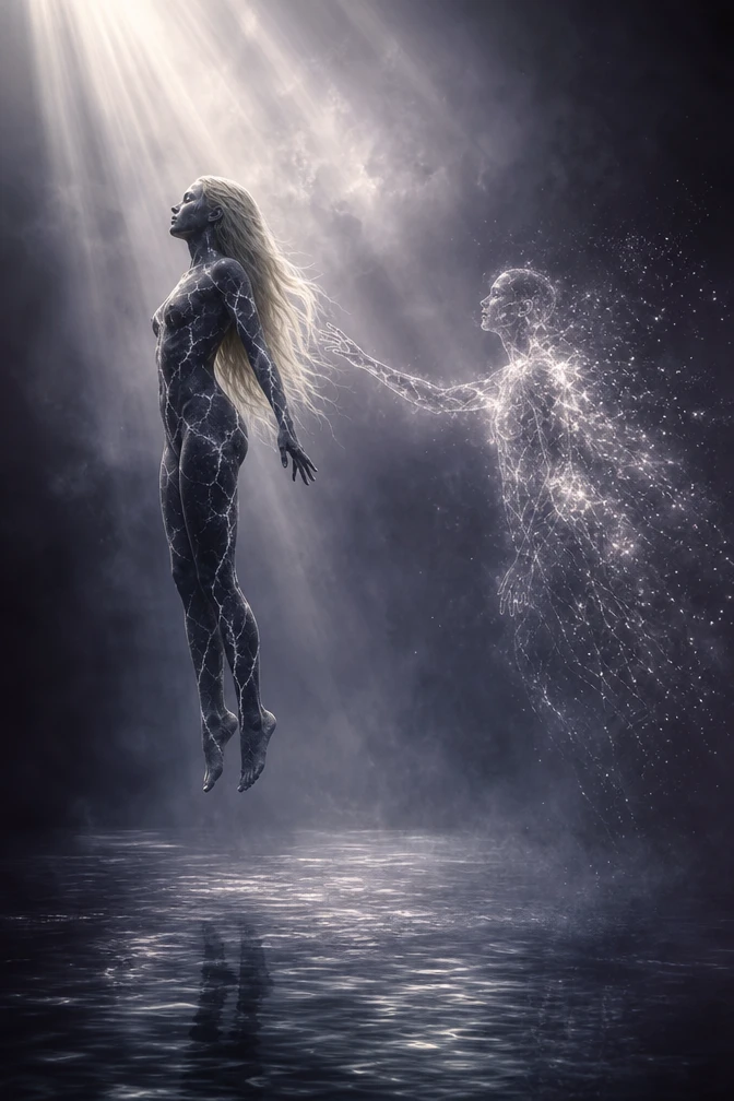 Donna eterea che tende la mano verso una figura di luce che si dissolve