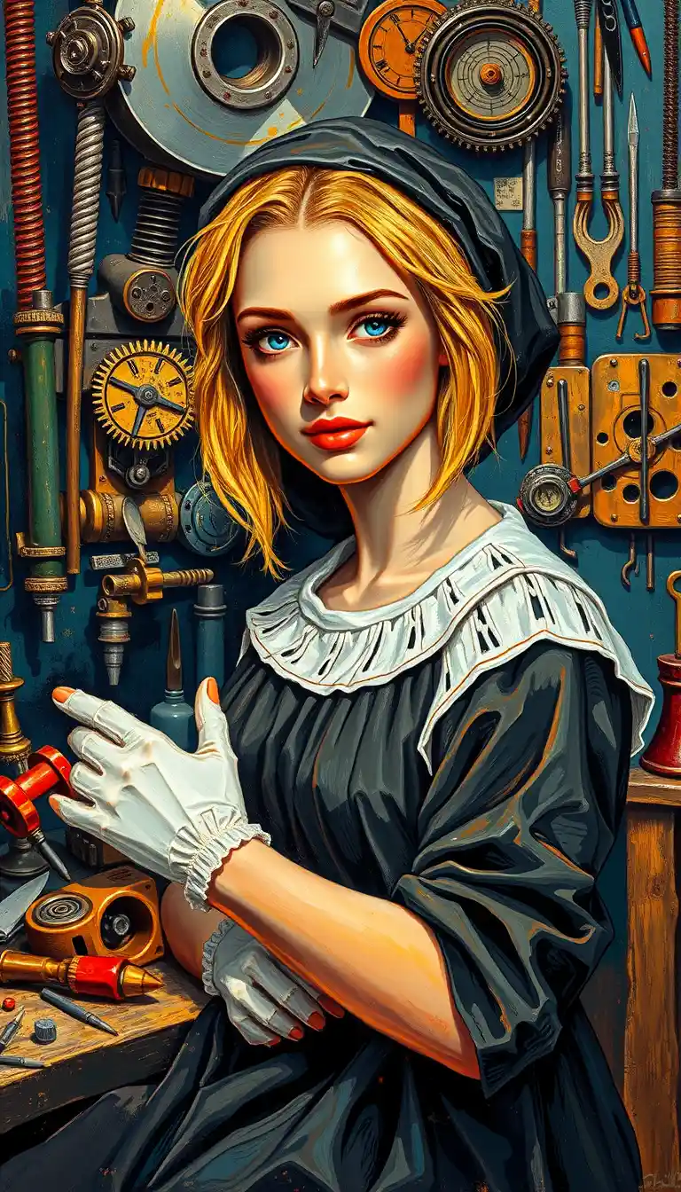 Ritratto a impasto di una donna concentrata in un laboratorio steampunk
