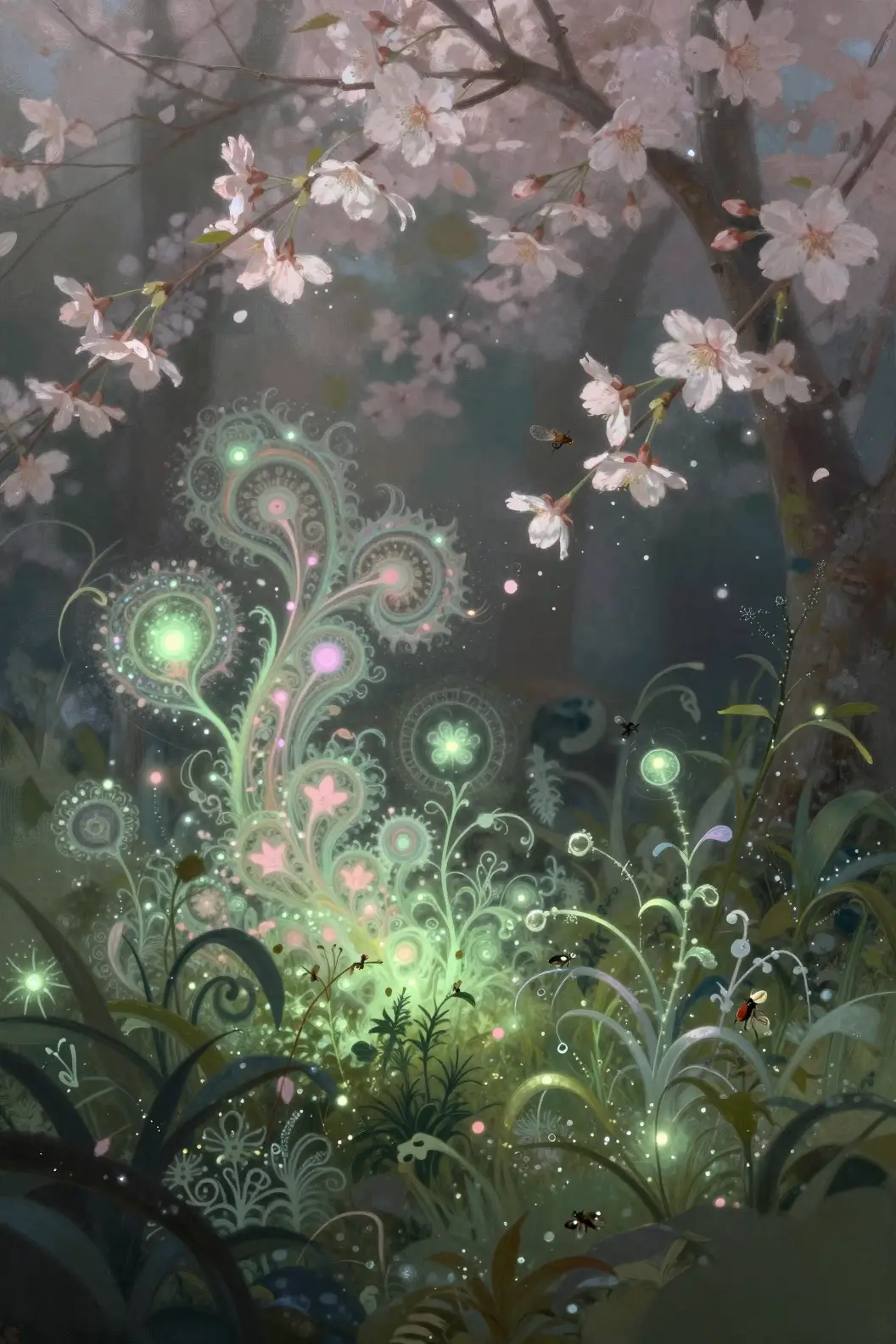 Paisaje botánico de ensueño con follaje fractal brillante