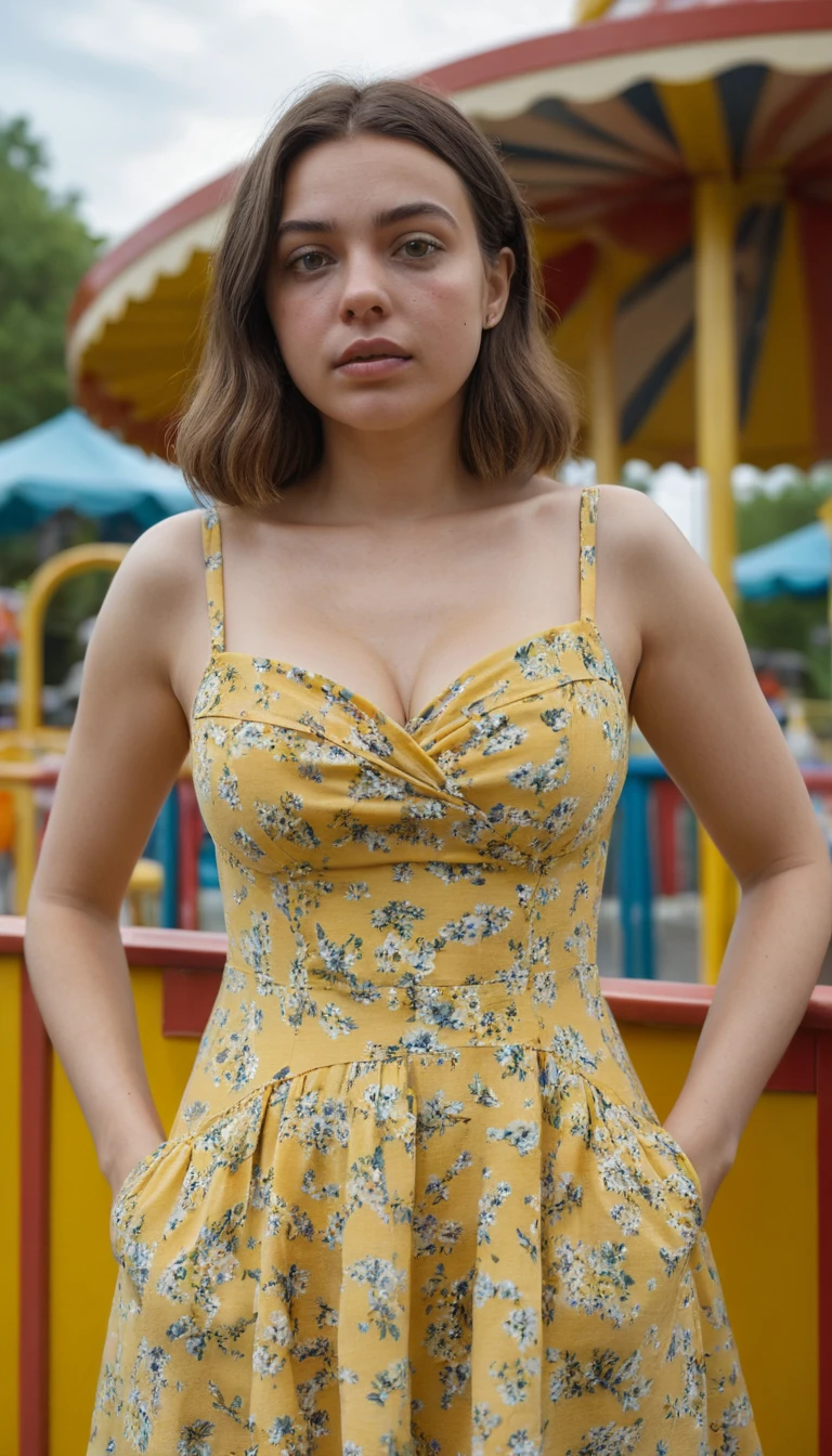 Femme effrayée en robe d'été jaune dans un parc d’attractions