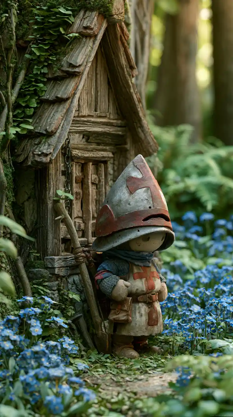 Tiny medieval crusader warrior resting by a forest inn