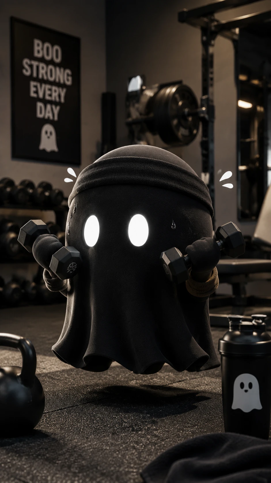 Cute little black ghost exercising in a bright gym