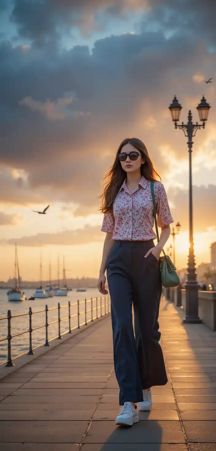 Stylish woman walking along a waterfront at sunset