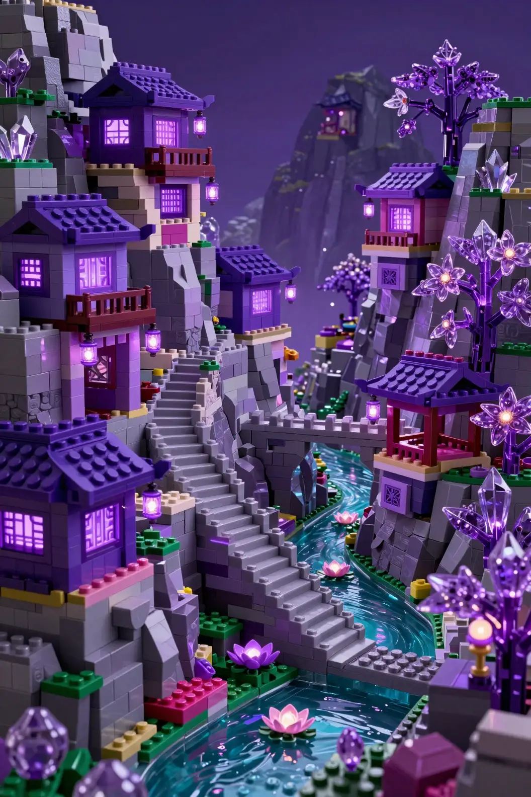 Cittadina di montagna fantasy con architettura di mattoncini di plastica luminosi