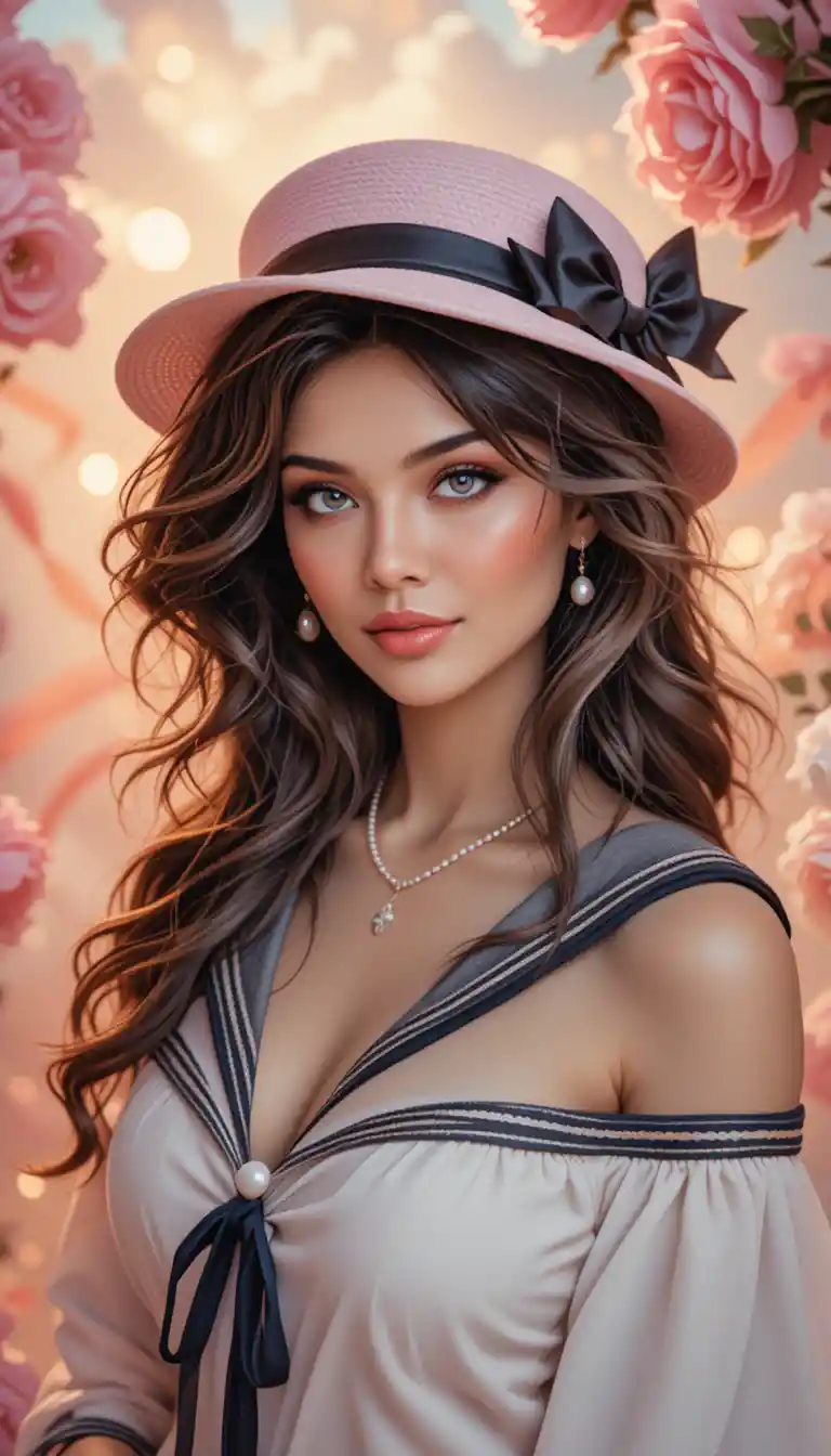 Young woman in pink hat amid dreamy rose clouds