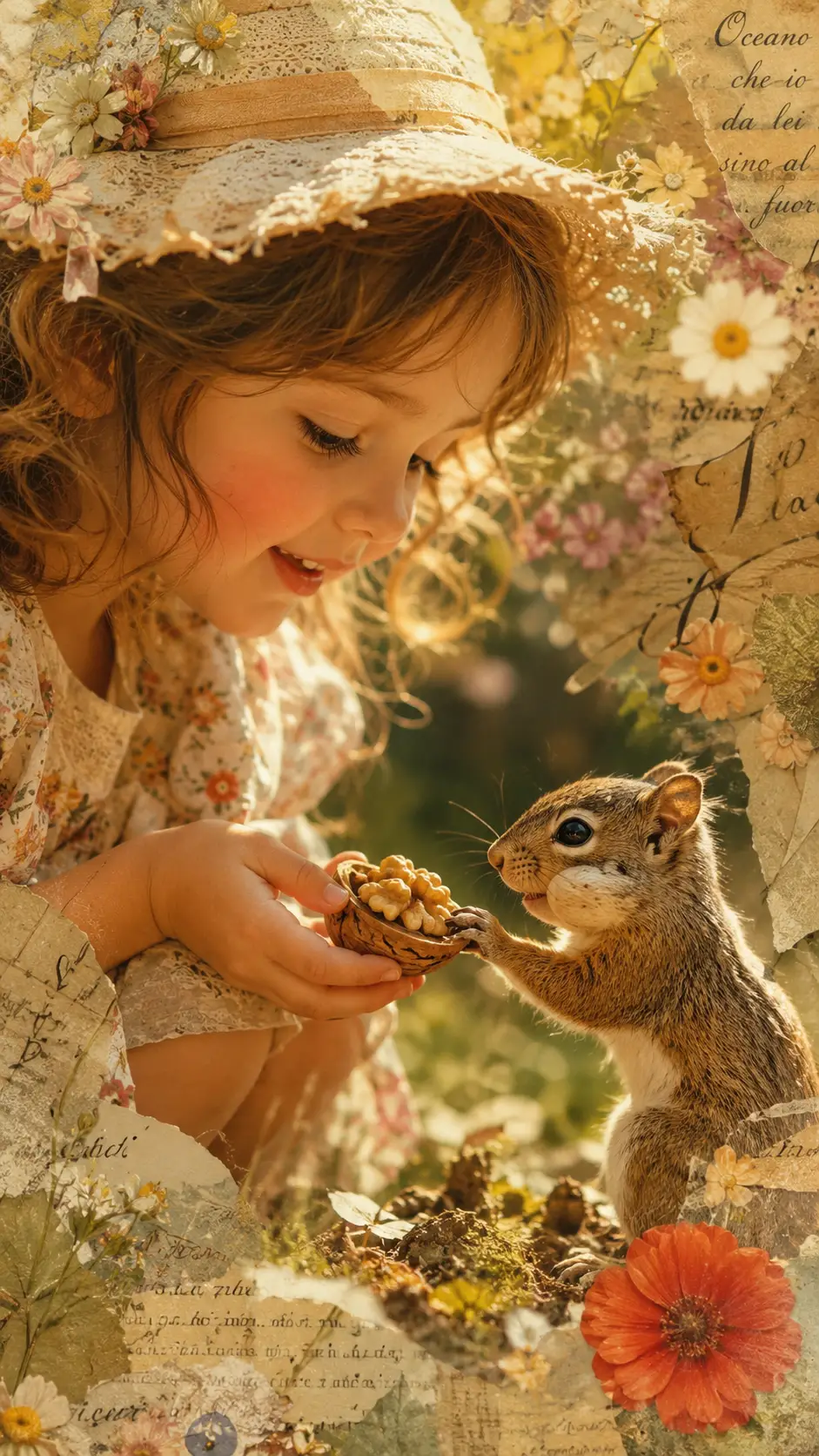 Little girl feeding a curious squirrel in soft summer light