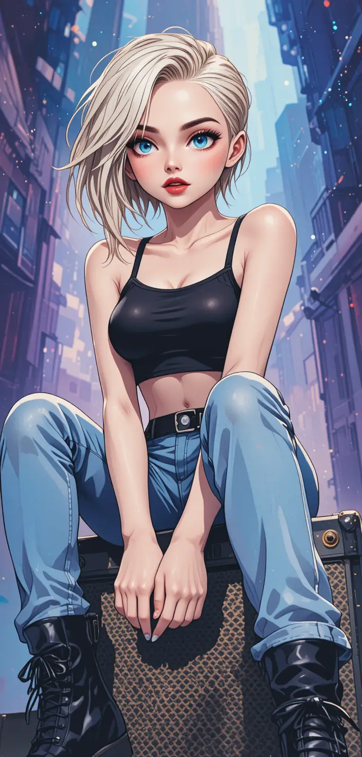 Fille d’anime assise sur ampli de scène en contre-plongée