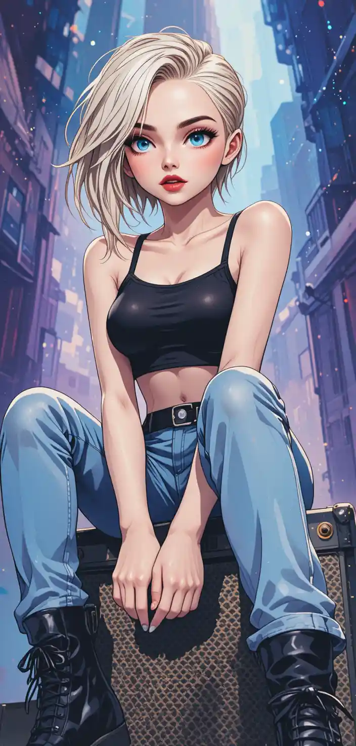 Fille d’anime assise sur ampli de scène en contre-plongée