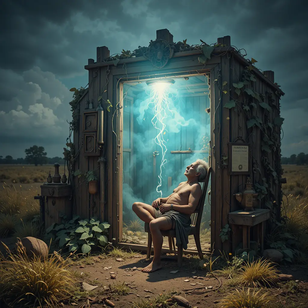 Man sitting naked in a strange wooden box in yard