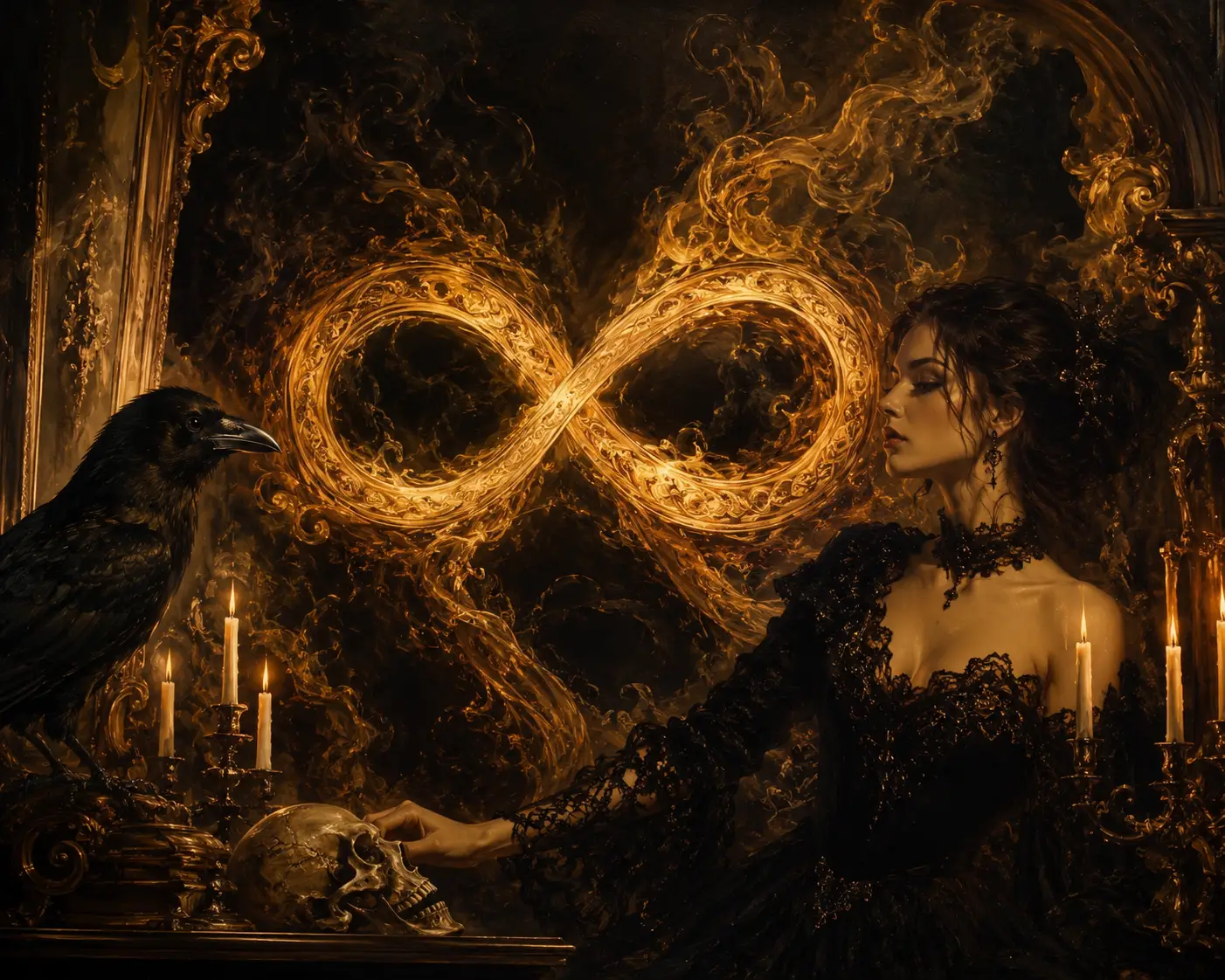 Símbolo de infinito de fantasía barroca entre sombras a la luz de las velas