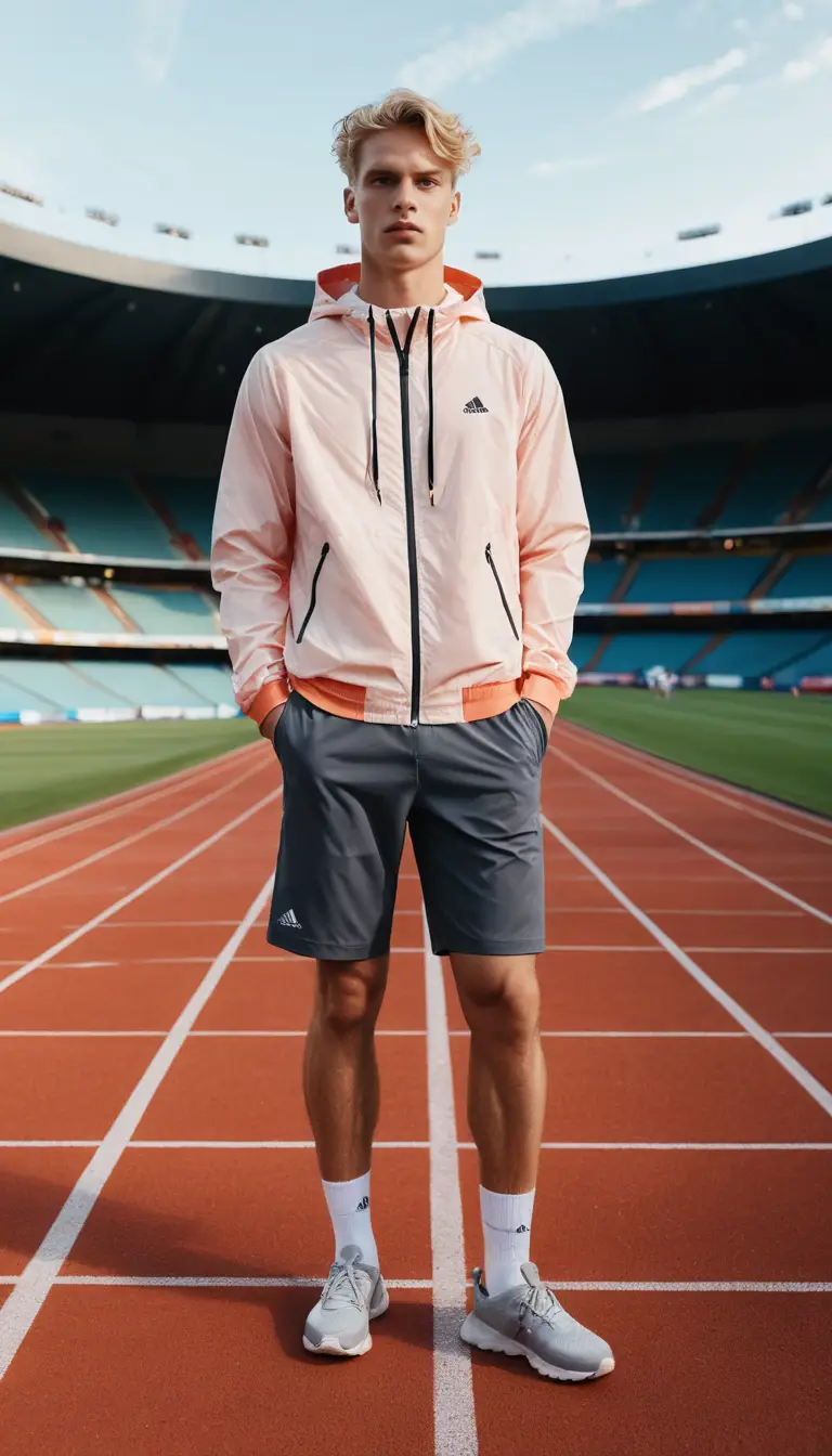Man on red running track under dramatic stadium lights