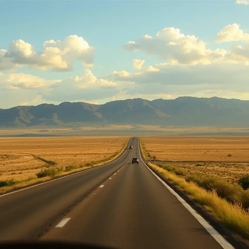 Driving away as distant figures fade into the open plain