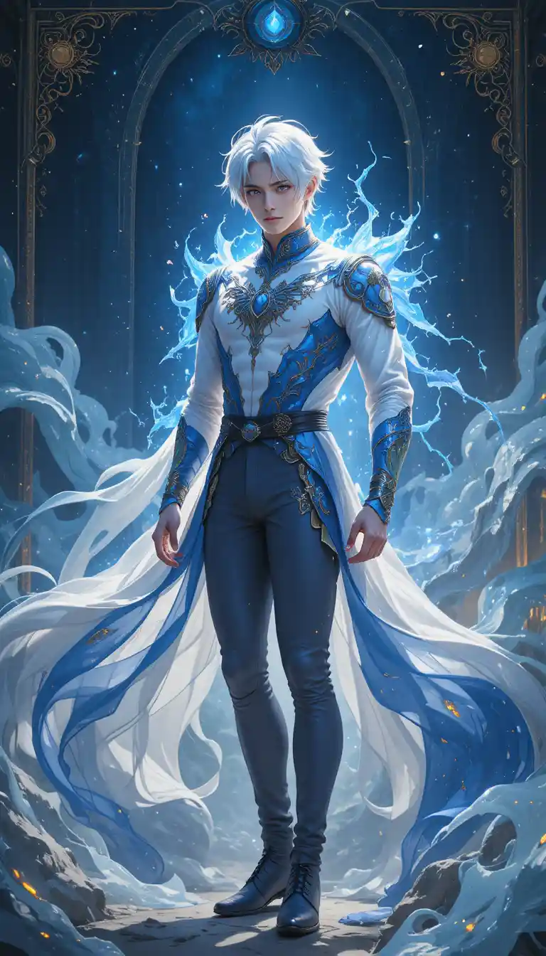 Anime man with white hair in mystical tunic outfit