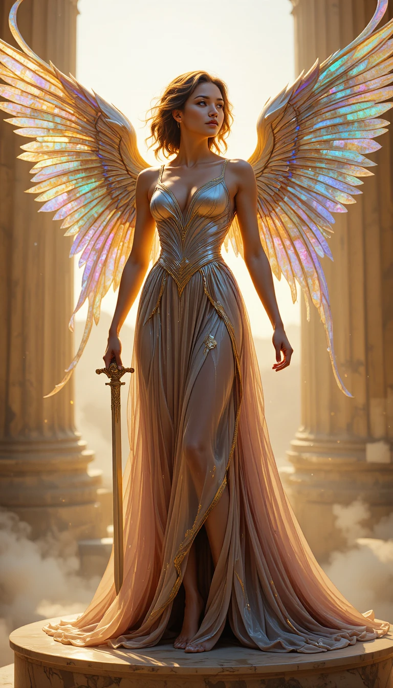 Celestial woman with iridescent wings on marble pedestal