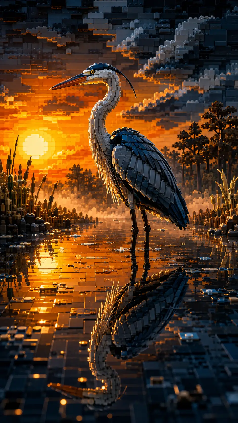 Lego heron standing in reflective sunrise waterscape