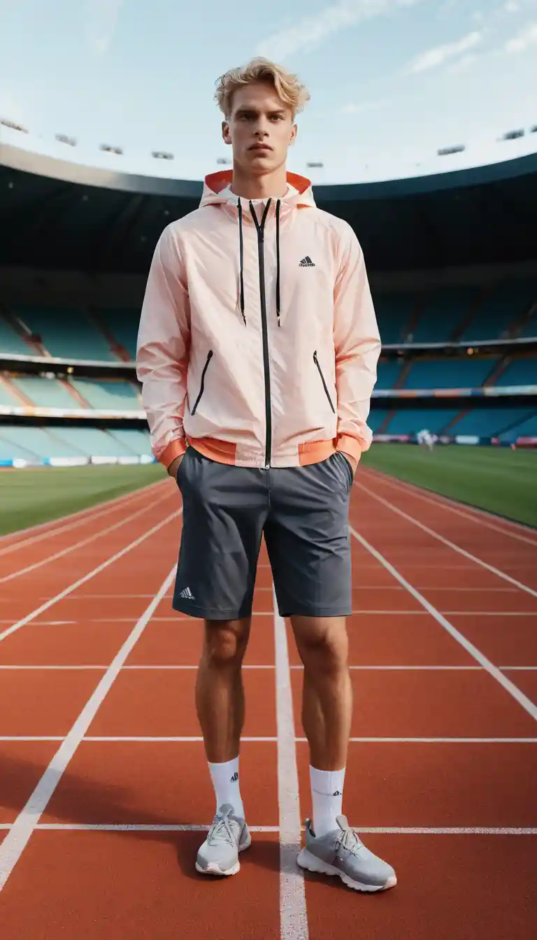 Man on red running track under dramatic stadium lights