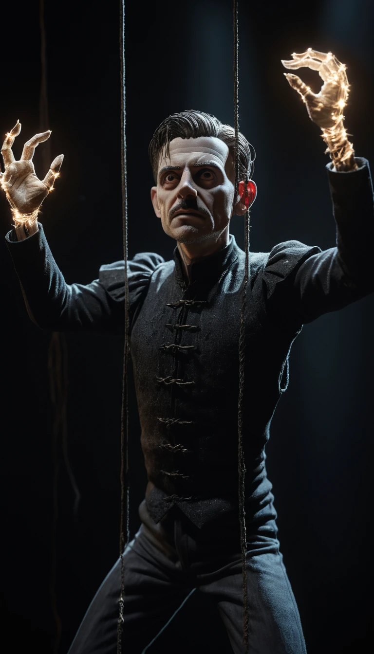 Full body puppet man lifted by glowing ethereal strings