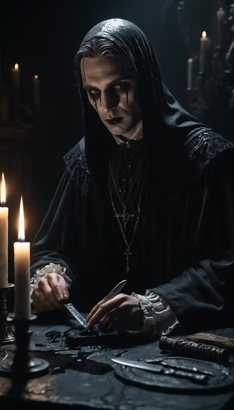Mysterious Figure Carving A Black Candle By Candlelight