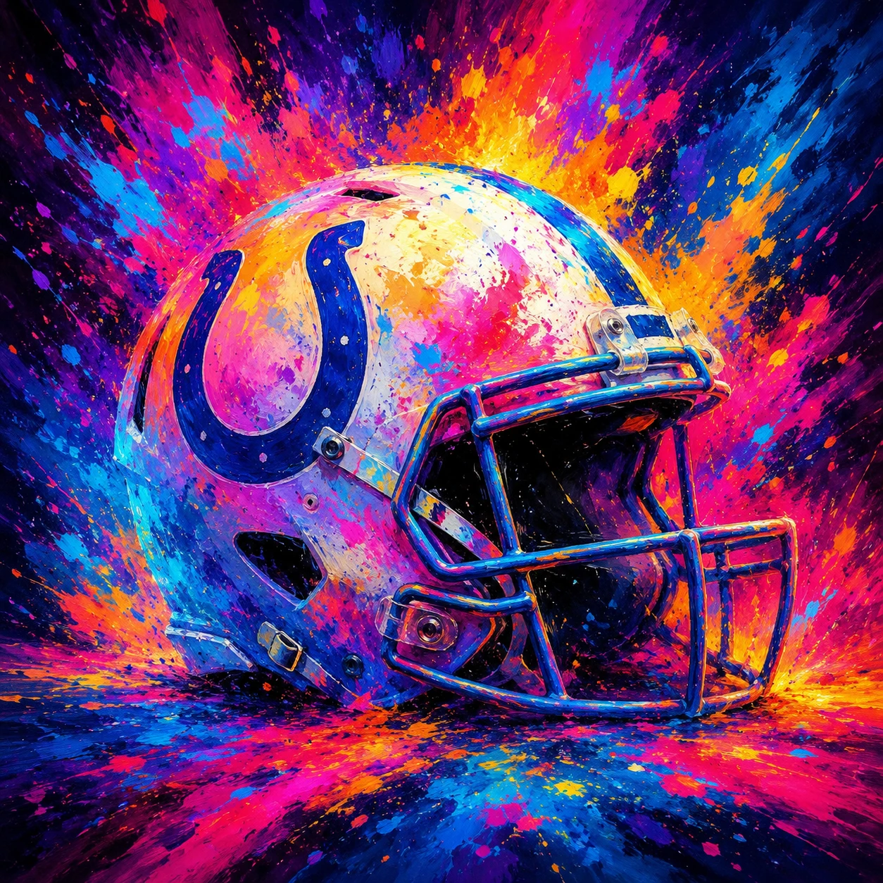 Neon painting of a three quarter view football helmet