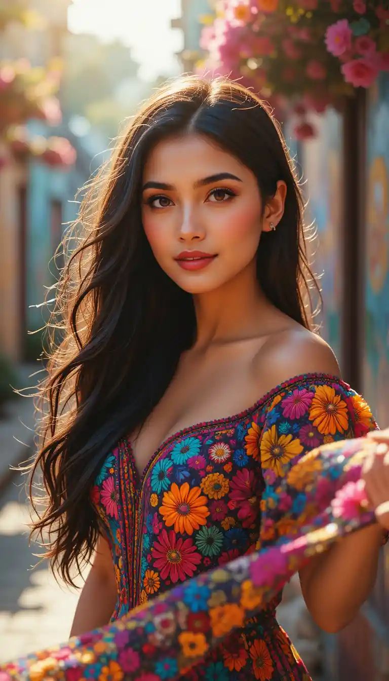Latina woman in colorful traditional dress in sunlight portrait