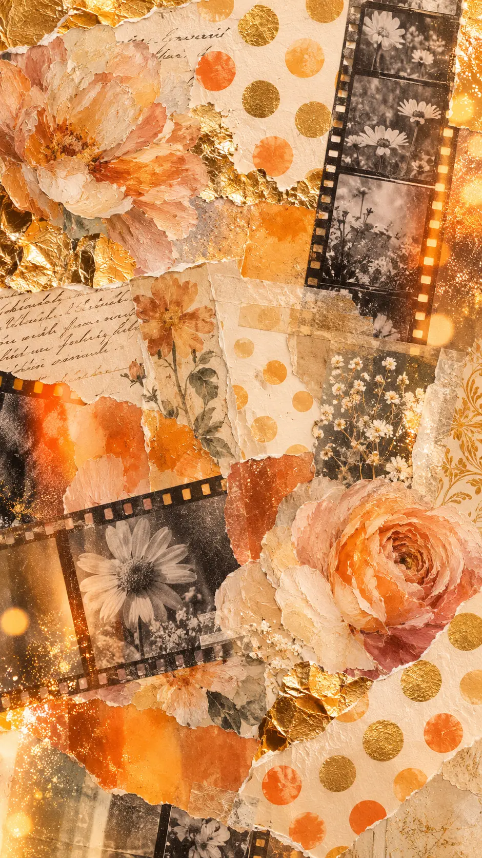 Gold and cream polka dots on colorful foil collage background
