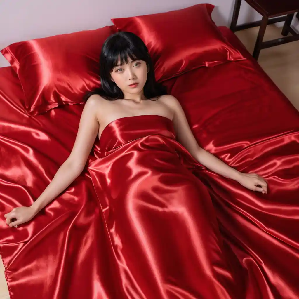 Femme japonaise allongée sur des draps en satin écarlate