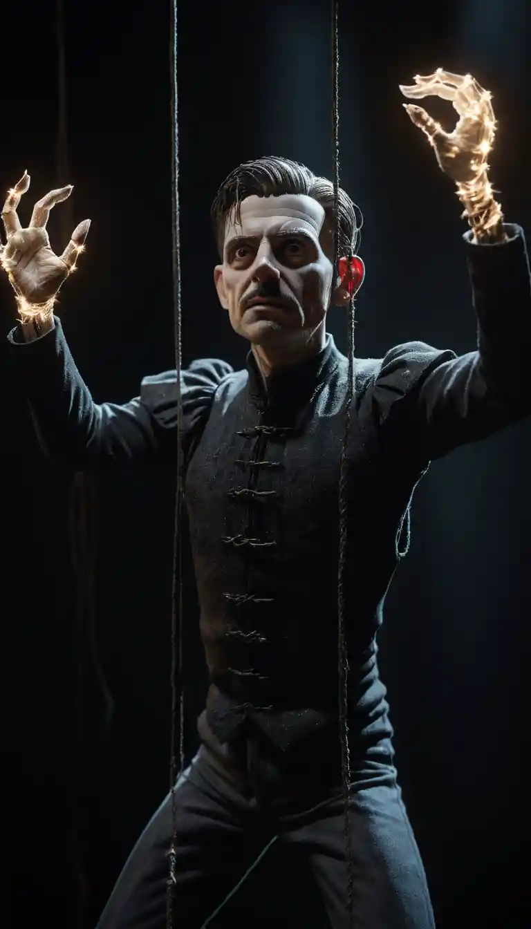 Homme marionnette en pied, soulevé par des ficelles éthérées lumineuses