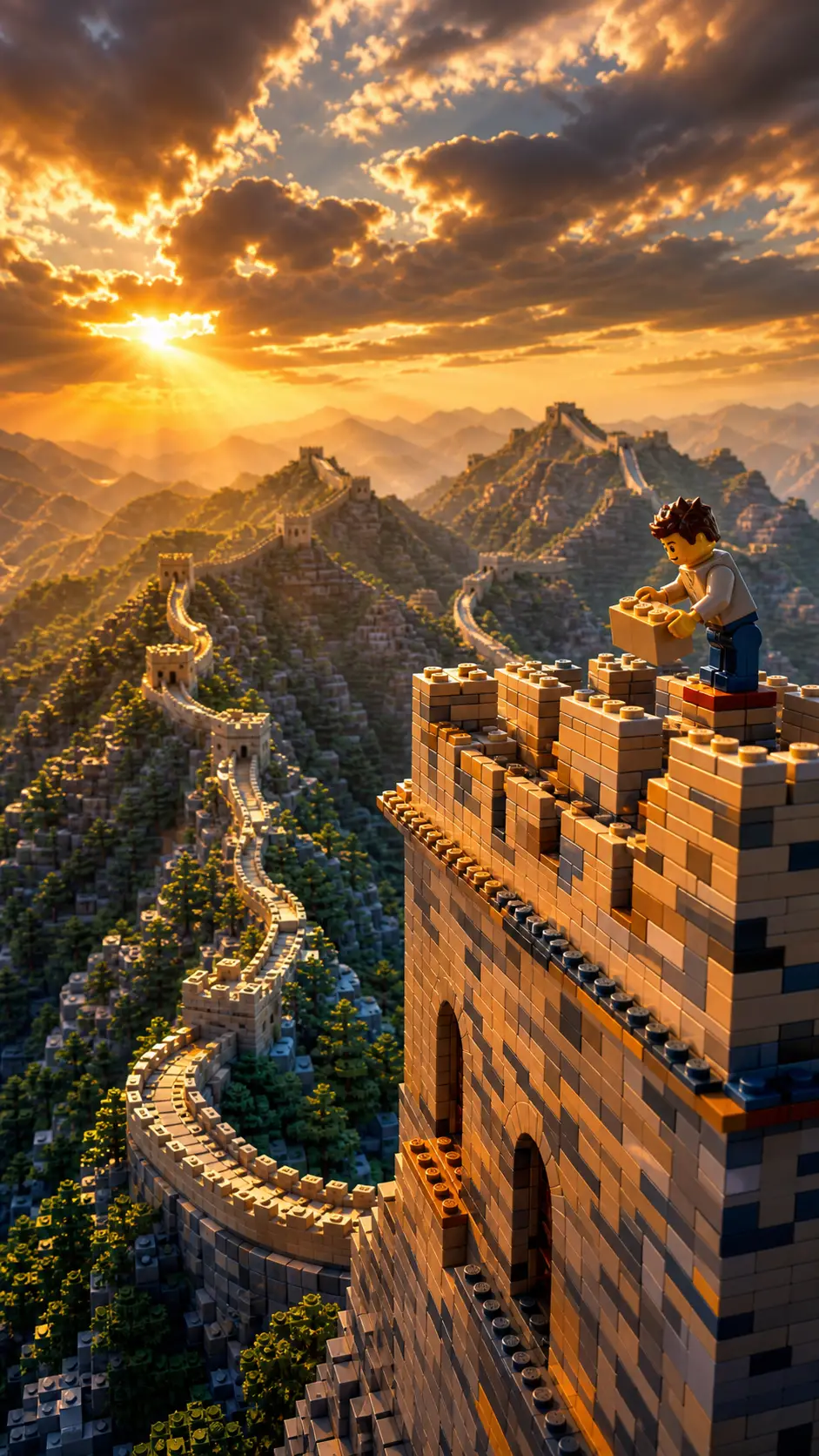 Great Wall of China built from colorful toy bricks at sunrise