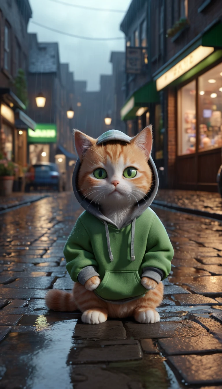 Sad ginger kitten in hoodie on rainy neon city street