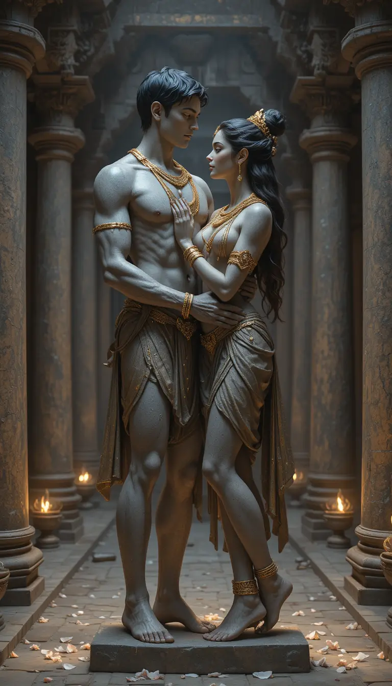 Couple ancien en pierre dans une étreinte intime au temple