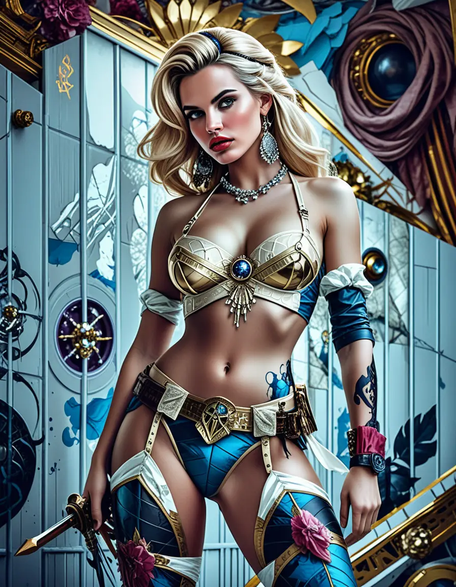 魅惑的な金髪の女戦士のスタイライズされたファンタジーコスプレ