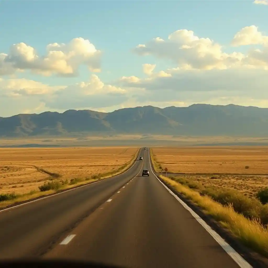Driving away as distant figures fade into the open plain