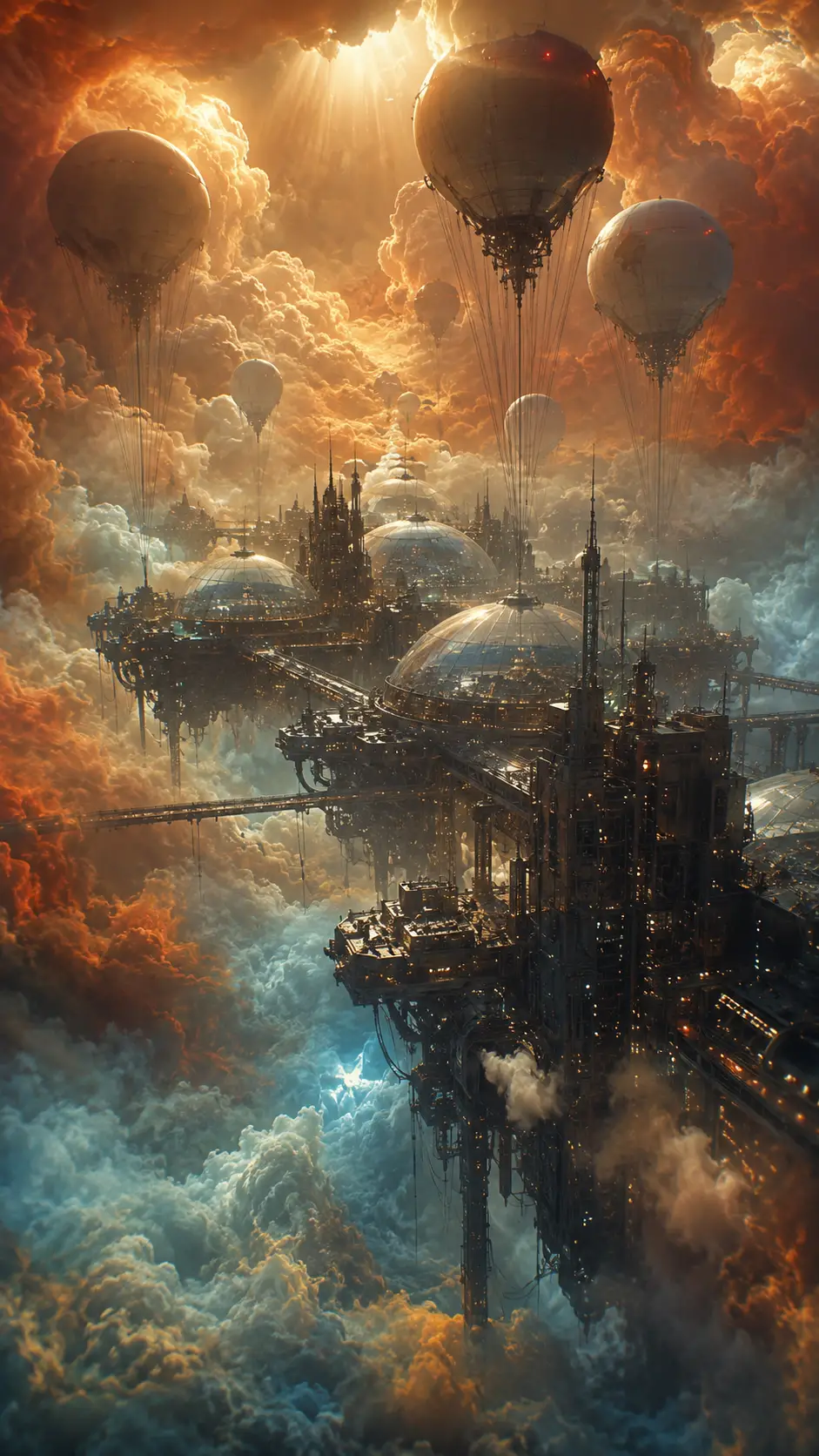 Colosal ciudad industrial flotante enterrada en nubes turbulentas