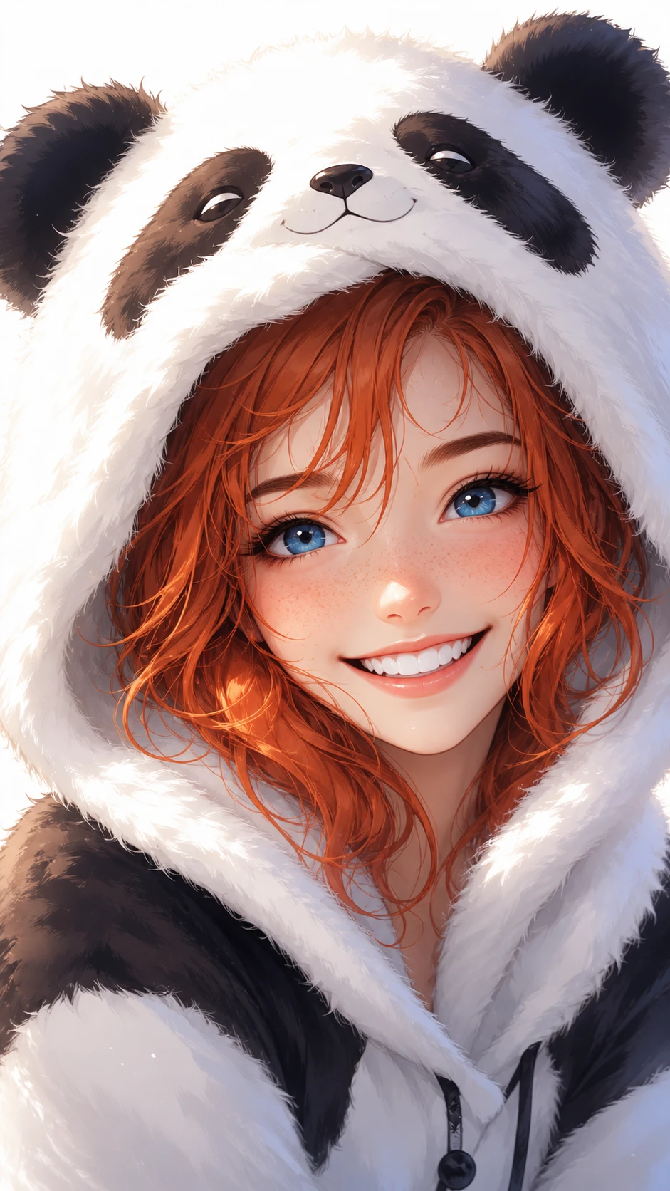 Retrato de chica de anime sonriente con capucha de panda esponjosa