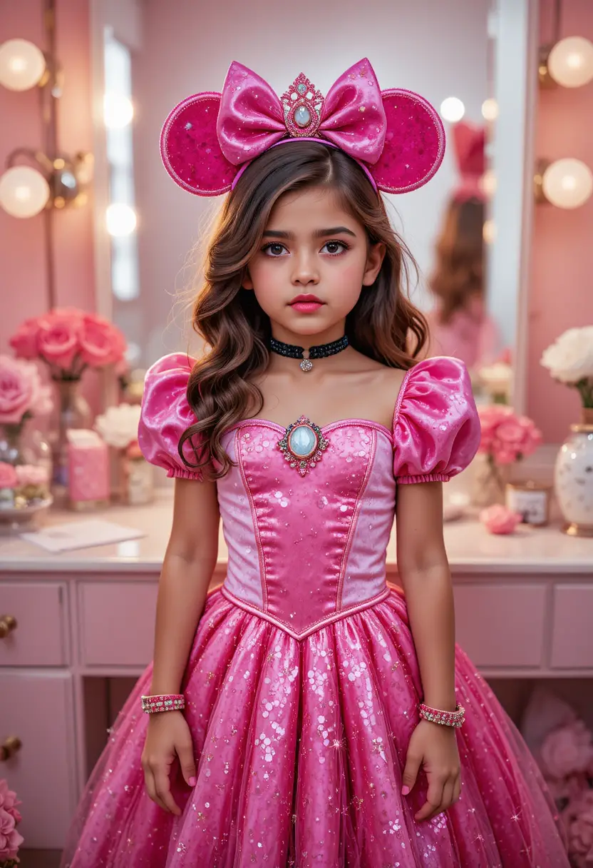 Préadolescent en costume de princesse devant une coiffeuse rose
