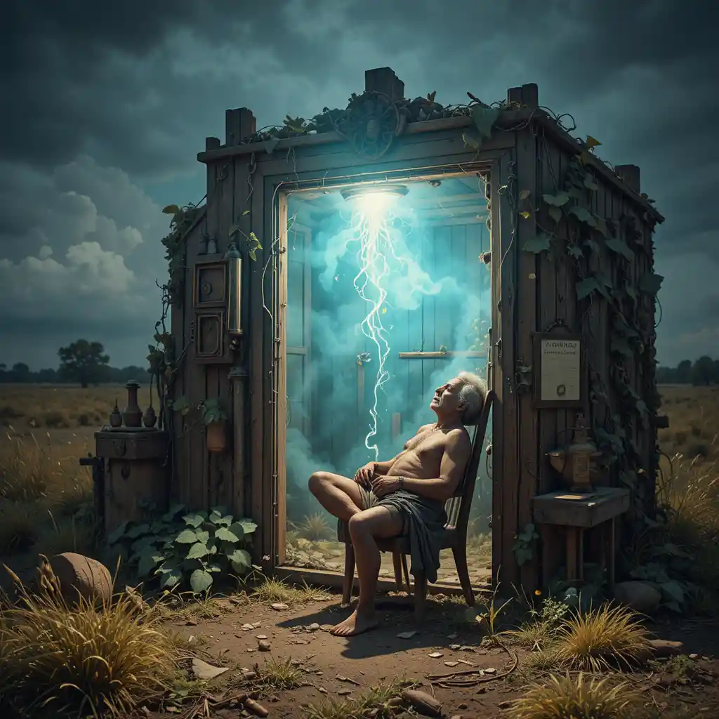 Man sitting naked in a strange wooden box in yard