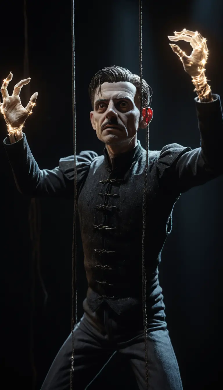 Homme marionnette en pied, soulevé par des ficelles éthérées lumineuses