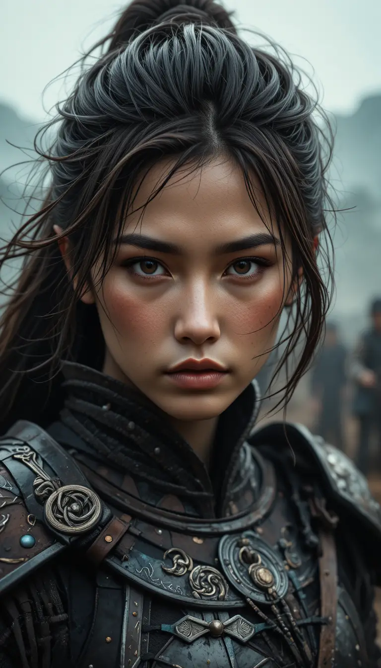 Fierce female warrior in ornate samurai armor close up