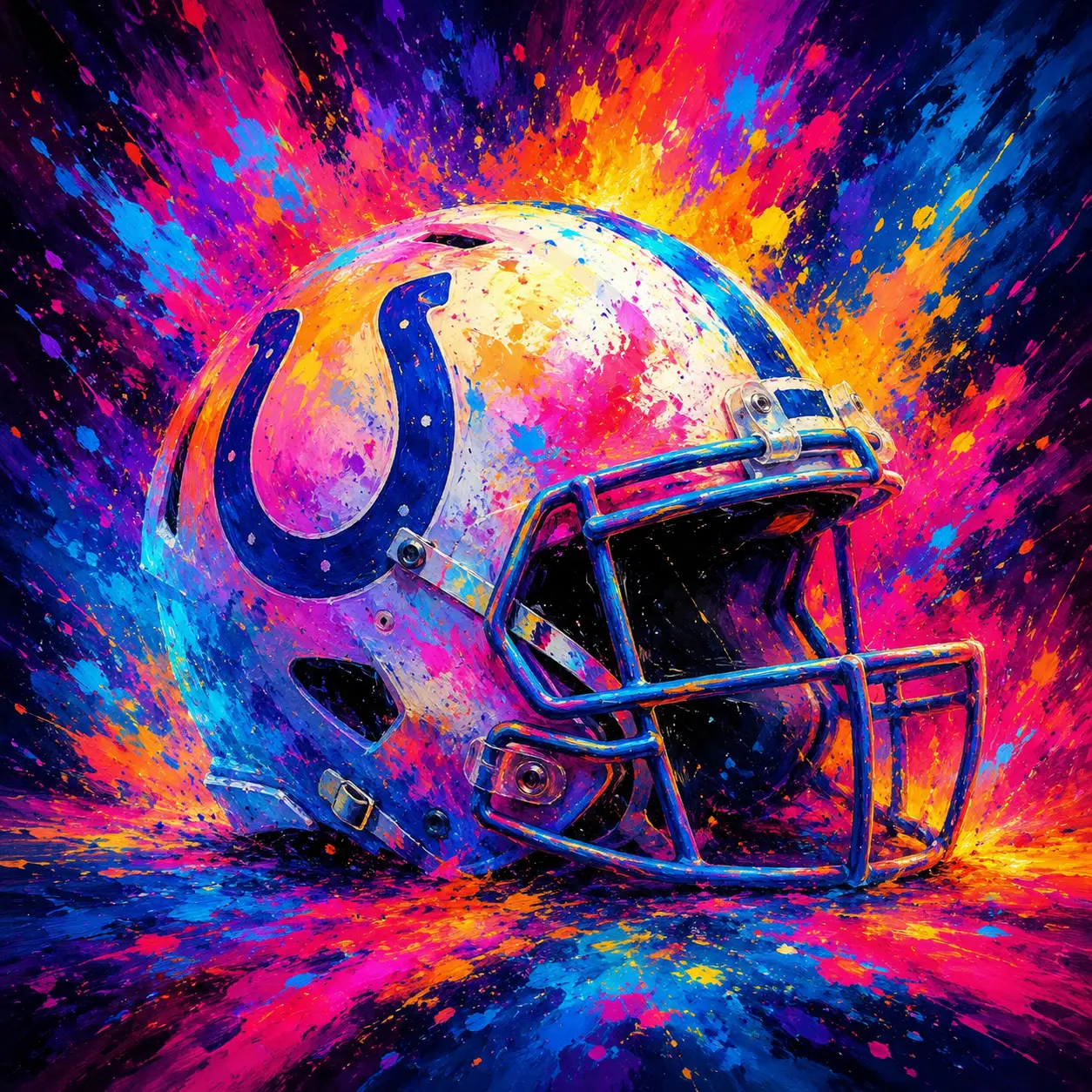 Neon painting of a three quarter view football helmet
