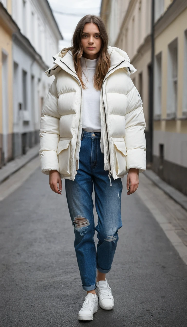 Man in cream puffer jacket under night streetlights