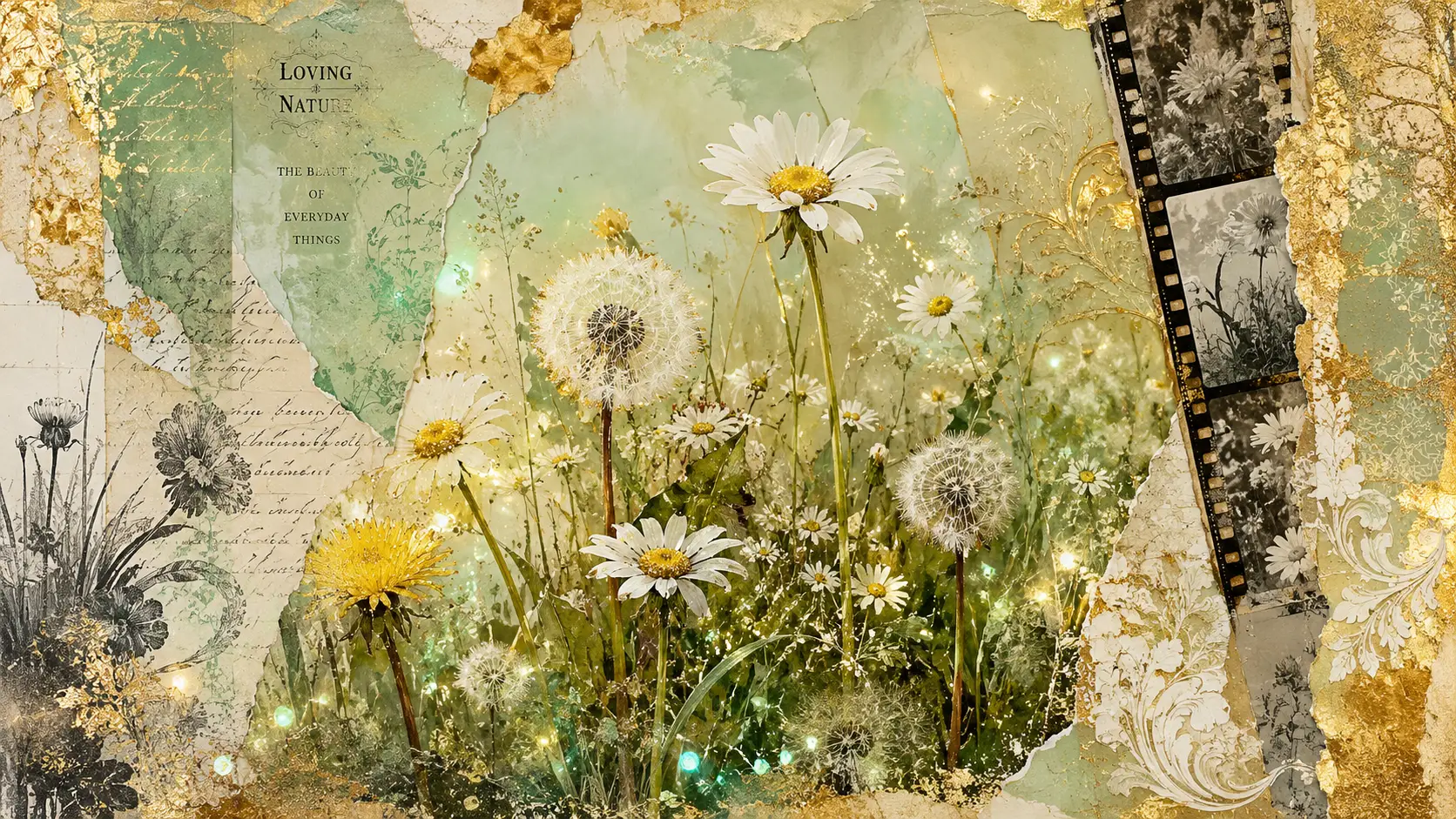 Colorful meadow painting with daisies and dandelions collage
