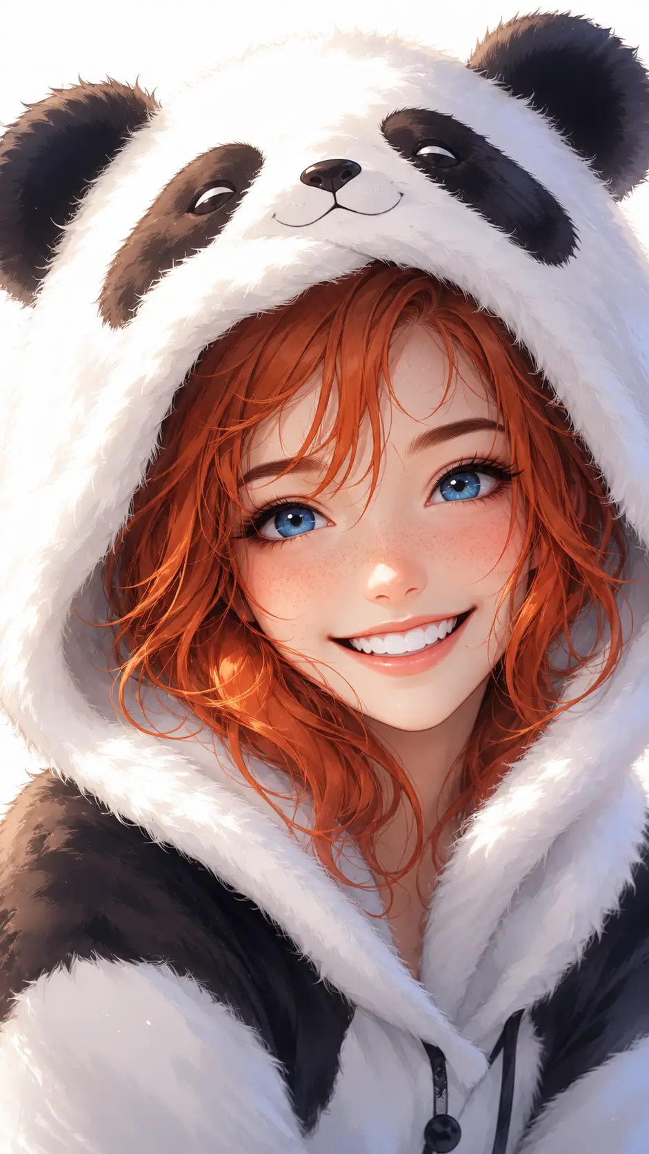 Lächelndes Anime-Mädchen mit flauschiger Panda-Kapuze – Porträt