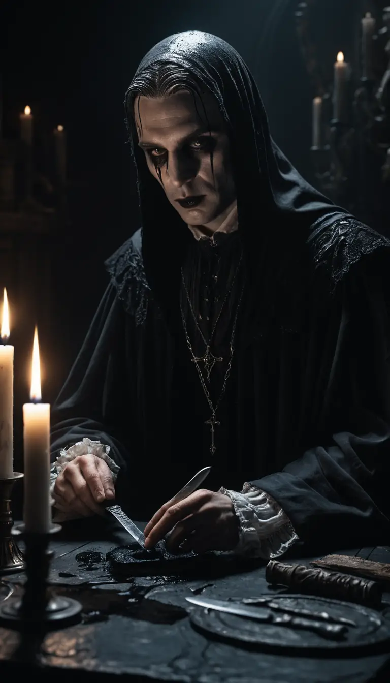 Mysterious Figure Carving A Black Candle By Candlelight