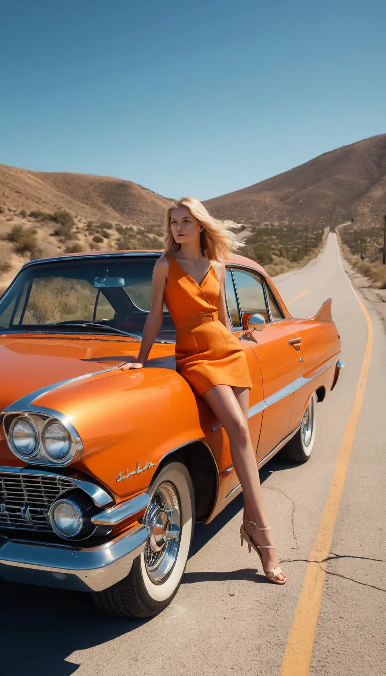 Confident woman by orange vintage car on desert road