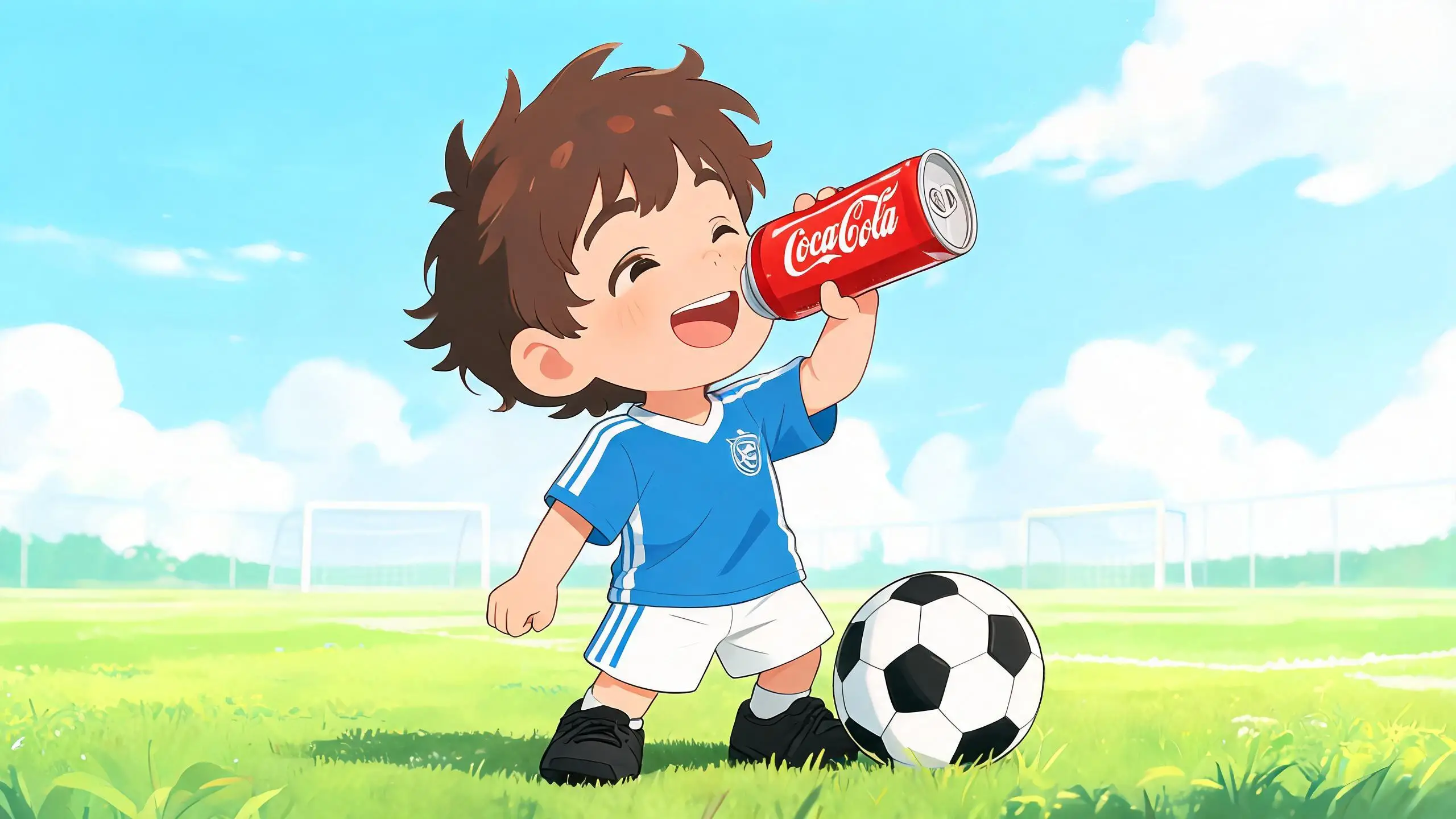Boy playing soccer on a green field while sipping a soda